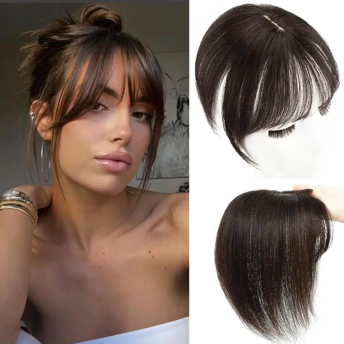 Real Human Hair Topper with Bangs 4x2.5in Lace Base for Thinning Hair Amazon.com : Swiss Base Real Human Hair Toppers for Women  main image 3