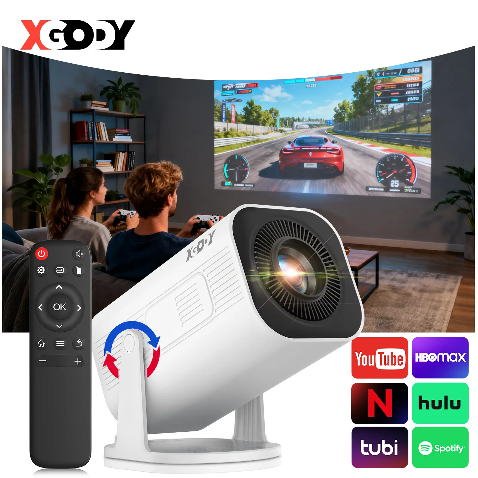 XGODY Gimbal 3 Pro Smart Projector | Native 720P 4K Decoding | 12000 Lumen | Android 11 & WiFi 6 | 180° Rotatable Portable | 40-130" Big Screen for Movie Night, Bedroom, Camping & Yoga