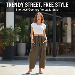 Womens Linen Blend Wide Leg Pants Oversize Casual Loose Fit Beach Palazzo Harem Pants with Pockets Vacation summer outfits  Womenswear Sports and Outdoors