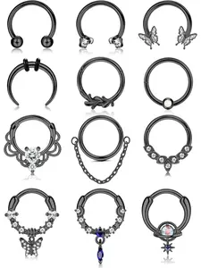 12 Pcs Sleek Black Stylish Septum Clicker Nose Hoop Set for Women Men Sturdy Stainless Steel Copper for Solid Texture Finely Finished Piercing Ornaments Glossy Sparkling CZ Tender Luminous Opal in Diverse Elegant Styles Chic Dangling Decorative Designs