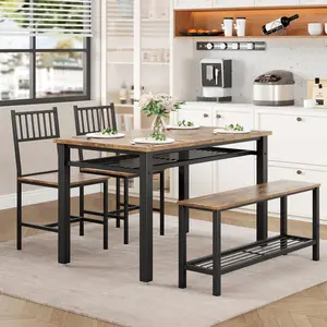 4-Piece Dining Table Set with Bench and Chairs, Wooden Kitchen Table and Chairs with Storage Shelves, Space-Saving Dining Table Set for Kitchen, Dining Room, Farmhouse