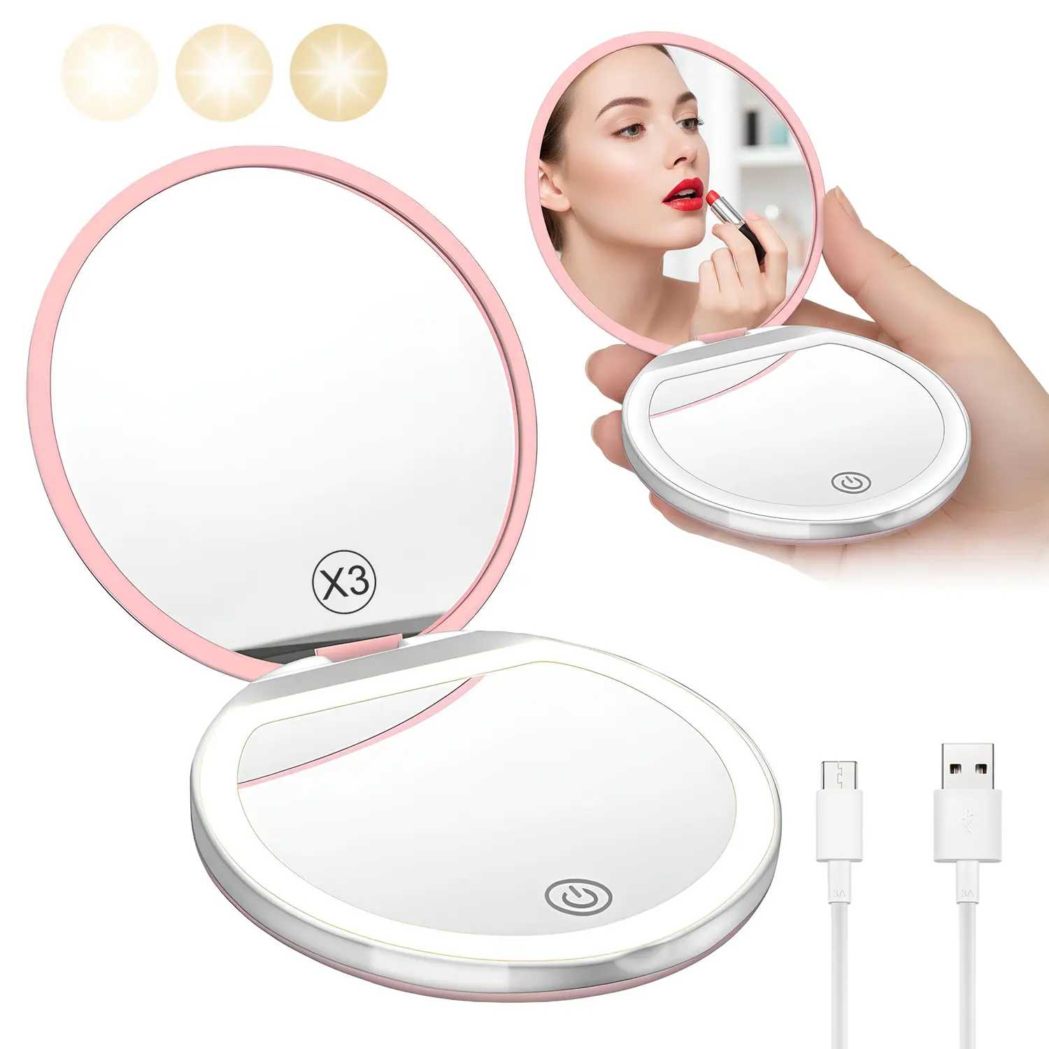 CENPIN Portable LED Lighted Compact Mirror, 1X/3X Magnification Foldable Makeup Mirror with USB Rechargeable Design, Pocket-Size Travel Makeup Mirror