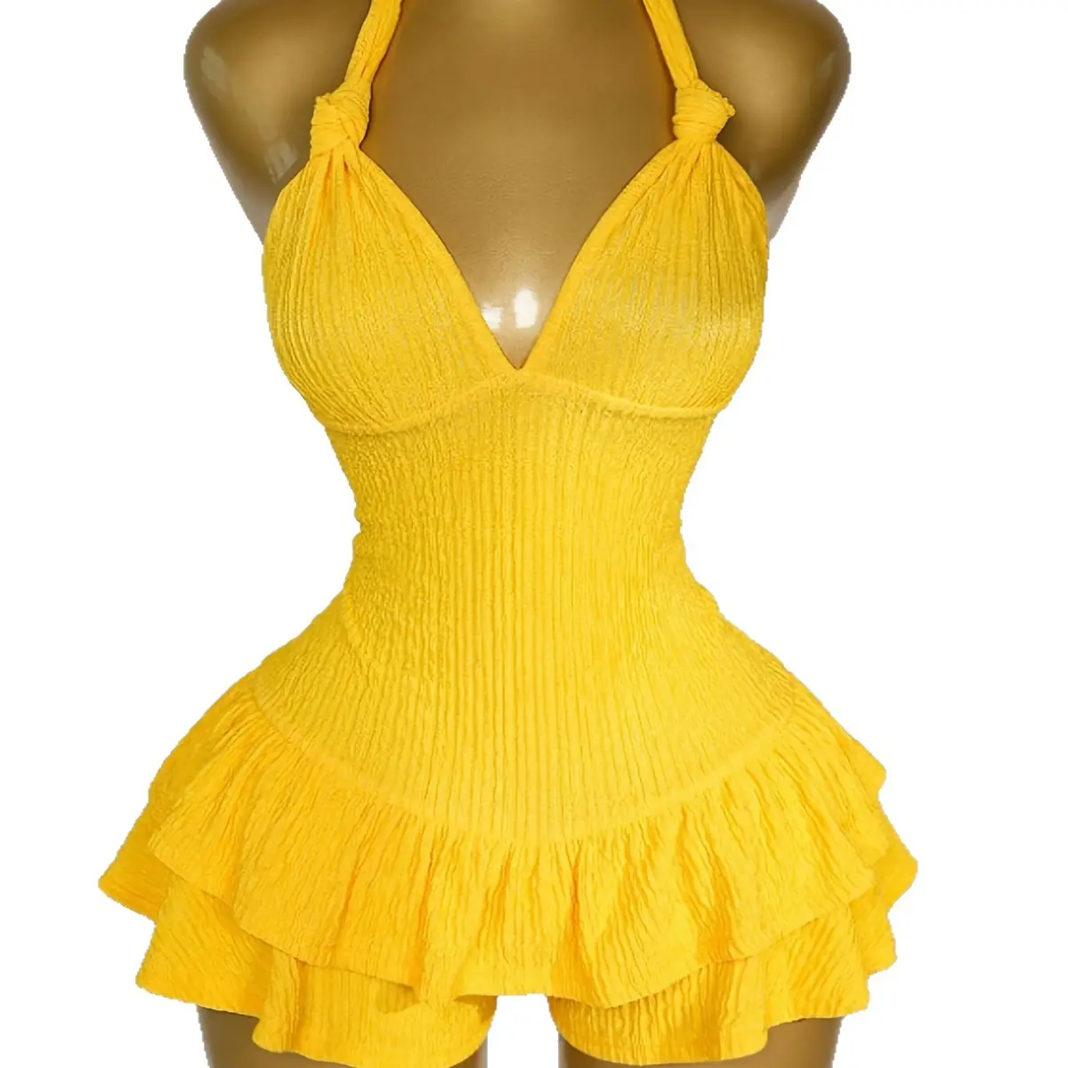 Women's Formal Fitted Yellow Strapless Sleeveless Mid-Rise Dress - Polyester Knitted Solid Bodysuit with Pleated Waist, Double-Layer Skirt Hem, Sexy 3-Quarter Accent (Women's Clothes), Three Quarter