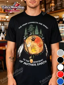 Men's Native American Drum Heartbeat Graphic Tee, Men's 100% Cotton Crew Neck T-Shirts, Classic Fit Casual Attire; Multiple Sizes to Fit Most Body Types, Heavyweight 220gsm Cotton T-Shirt Christmas Gift for Men Women