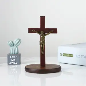 Catholic Cross Desktop Ornament, Wooden Cross Decorations, 1 Count Jesus Christ Cross Decoration, Stylish Religious Decor for Home Living Room Bedroom, Home Decor Supplies