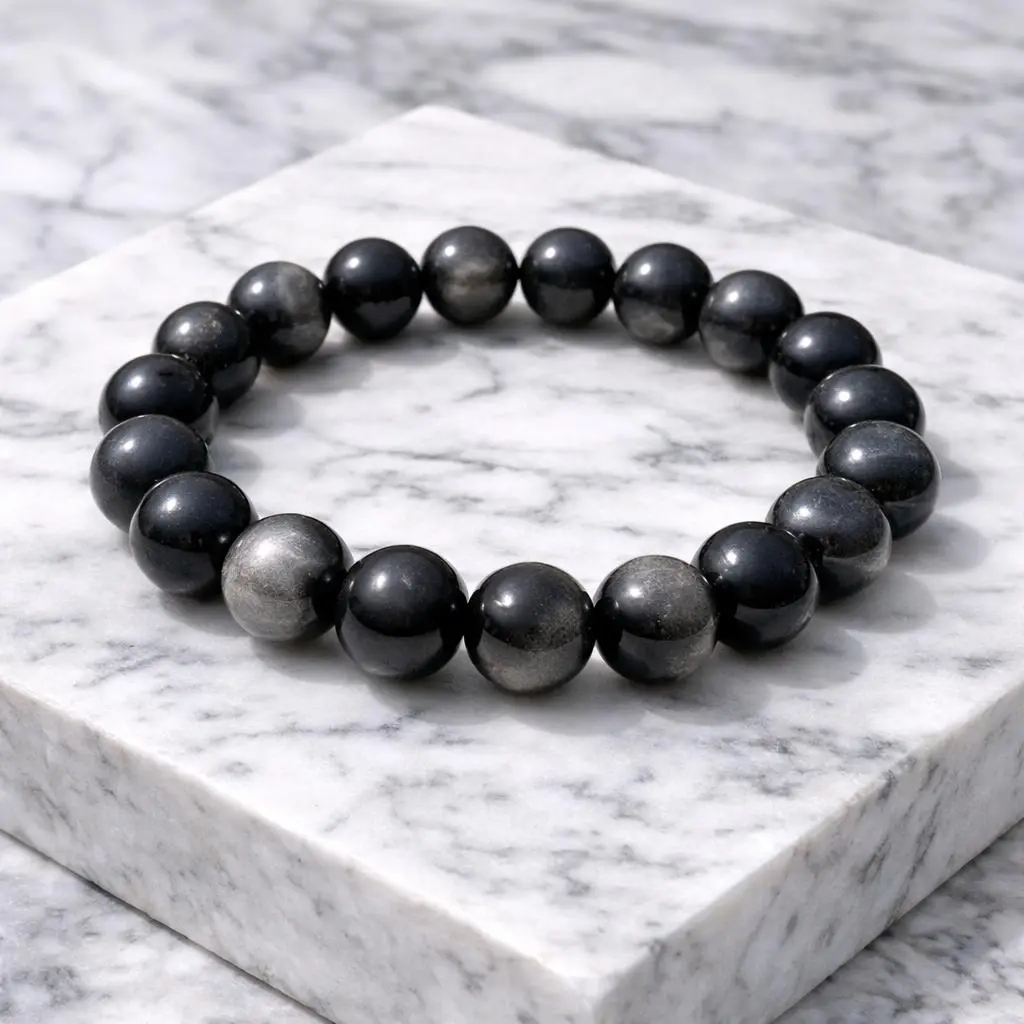 Silvery Black Obsidian Bracelet 10mm Natural Crystal Beads for Protection, Grounding & Energy Shield Handmade Healing Energy Jewelry