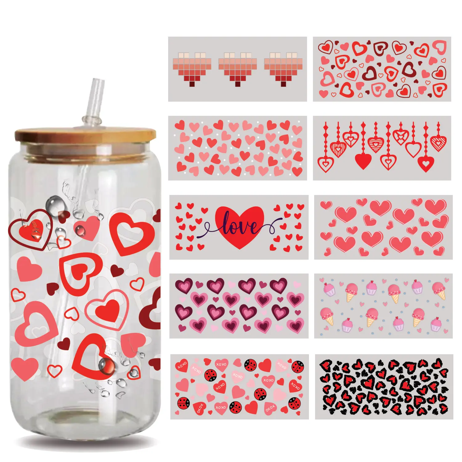 10 Sheets UV DTF Cup Wrap -  Valentines Day  LOVE red UV DTF Cup Wraps for 16 oz UV DTF decals Waterproof Stickers for Glass/ceramics/Cups DIY Wood Crafts