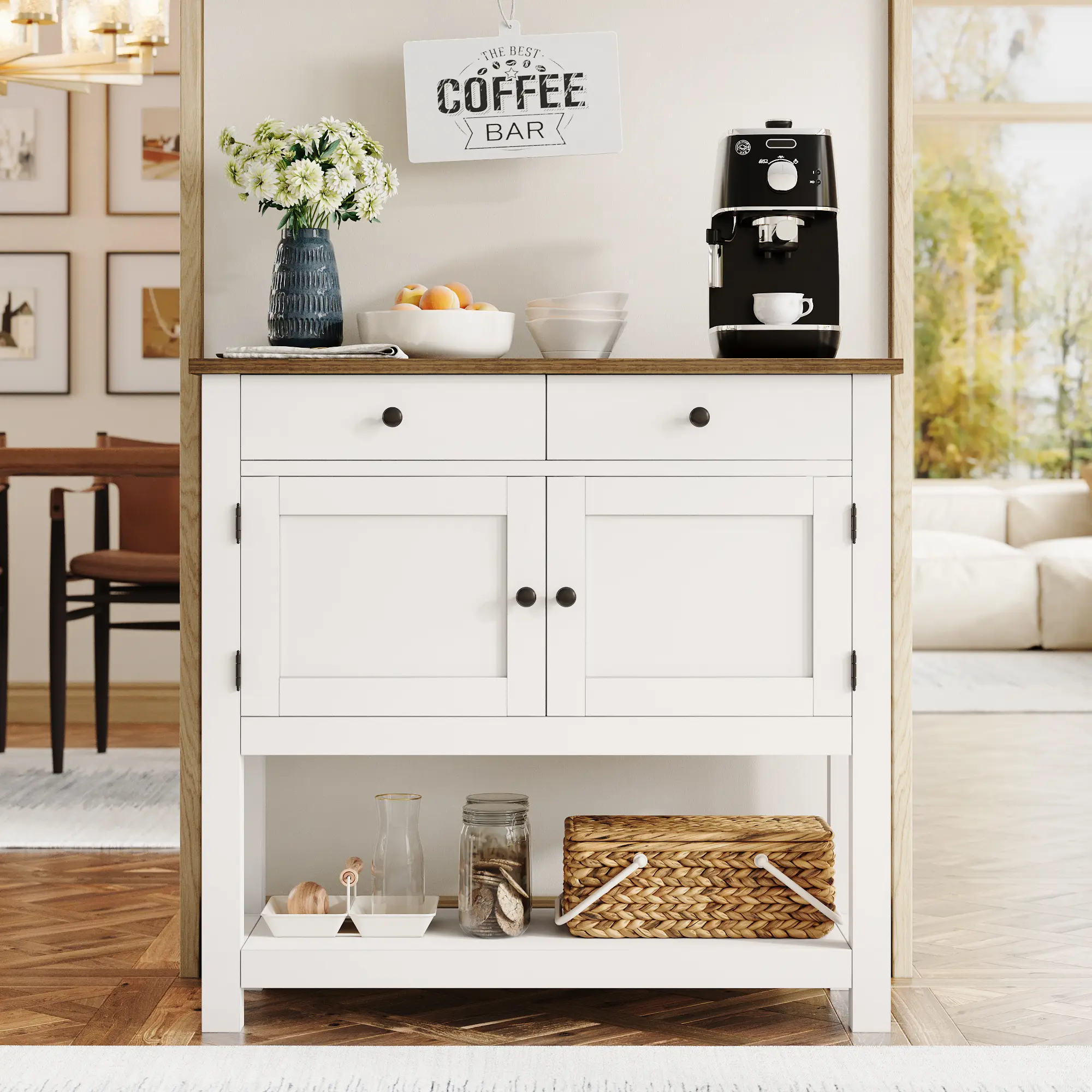 HOSTACK Farmhouse Console Table with 2-Door Cabinet & 2 Drawers, Coffee Bar, Entryway Table with Storage Shelf, Sofa Tables Buffet Sideboard,Black Friday，Christmas gifts