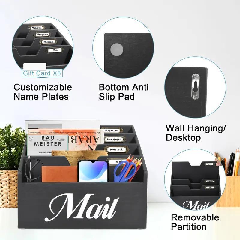 Mail Organizer Countertop, Mail Holder with 4 Slots, Mail Sorter for Desk, Wooden Office Desk Organizer, Mail Organizer for Magazines, Files, Papers, Folders, Rustic White and Black Free Gift