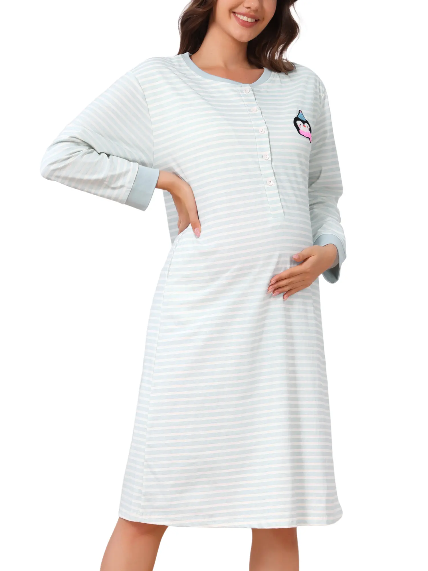 INSPIRE CHIC Womens Maternity Cotton Nightgown Built-in Bra Long Sleeve Buttons Maxi Striped Nursing Pajama Dress with Pockets