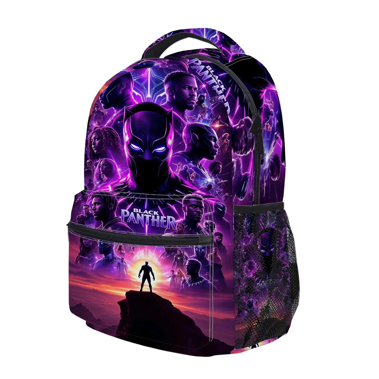 Black Panther Backpack, Cute Y2K Fashion School Bag for Girls and Teens, Durable Cartoon Printed Bookbag with Mesh Side Pockets, Lightweight Travel Daypack for Back to School c-7