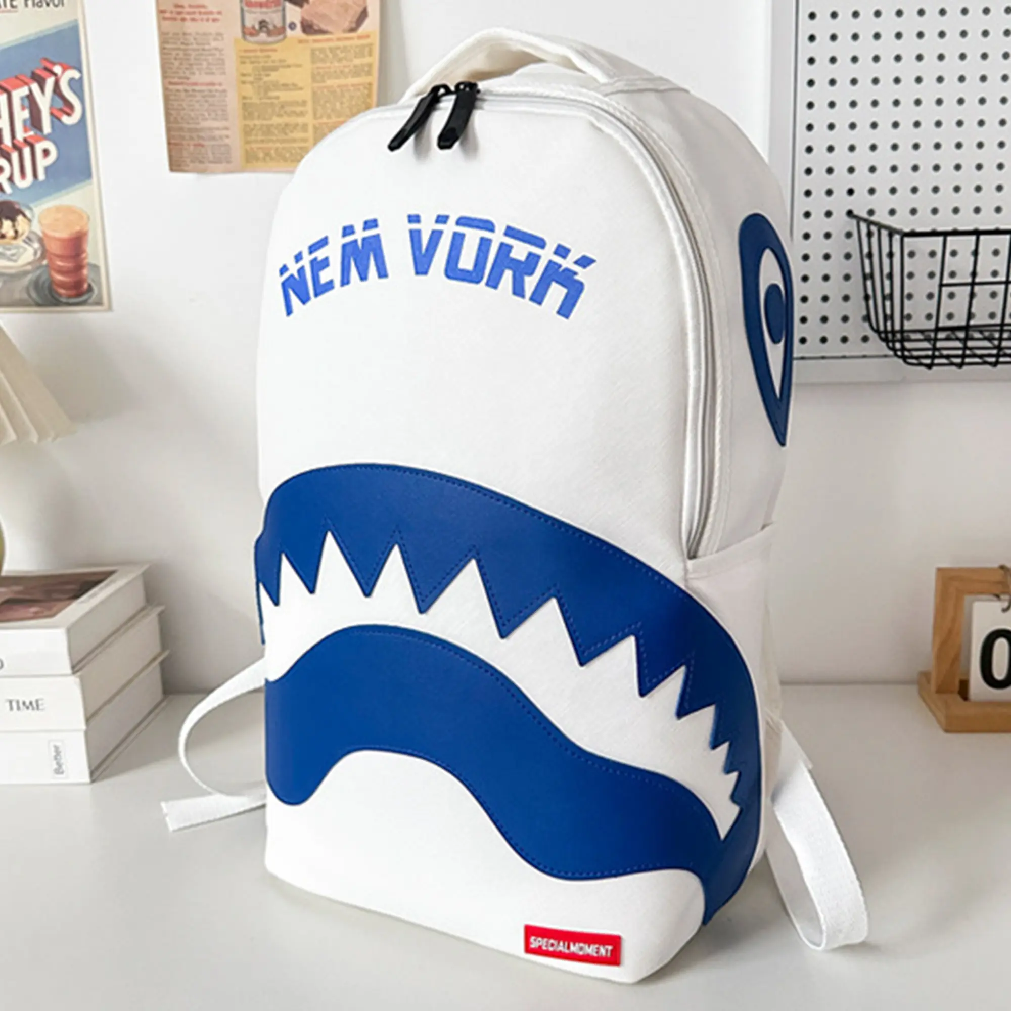 Sprayground-Style Shark Mouth Backpack for Teens - White Blue, New York Letter Graphic, Water-Resistant Nylon, Large-Capacity, Laptop-Compatible, Hip Hop Streetwear Book Bag for Casual Travel & School