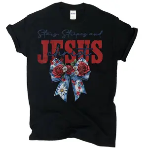 Retro Stars Stripes And Jesus Christ Coquette Bow Floral, Classc Cotton