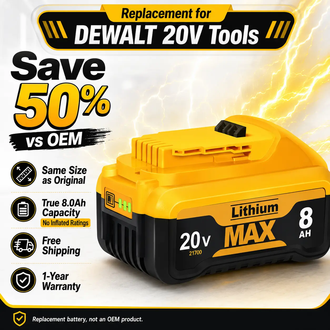 8.0Ah Replacement Battery Compatible with DEWALT 20V MAX Tools, 21700 High-Capacity Lithium Battery with Power Indicator