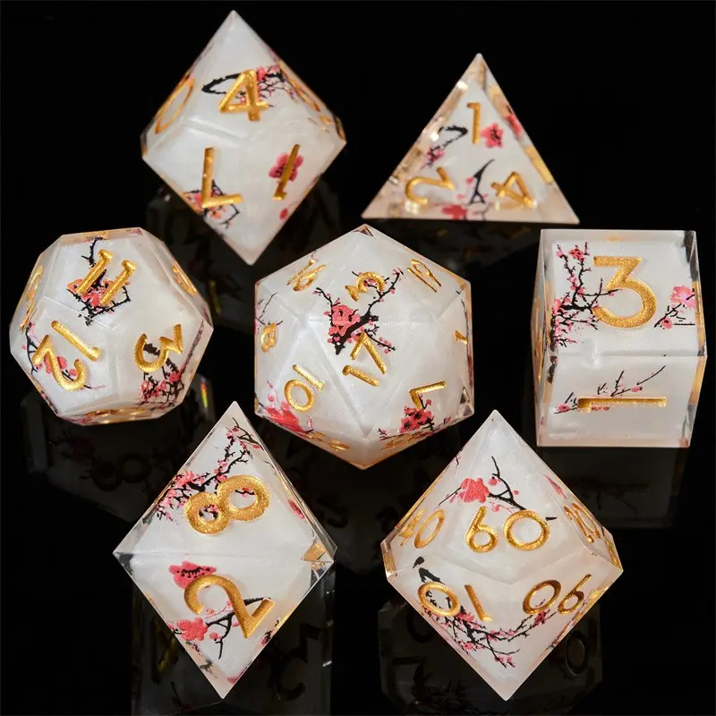 Plum Blossom 7-Piece Liquid Core Dice Set for Rpg Games, Resin Dungeons & Dragons D&d Dice Set, Sharp Edge Dice Set