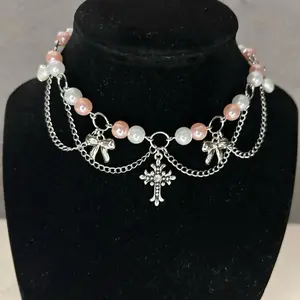 Beaded Pink and White Gothic Choker with Silver Bows, Chains, and Pearl Hearts