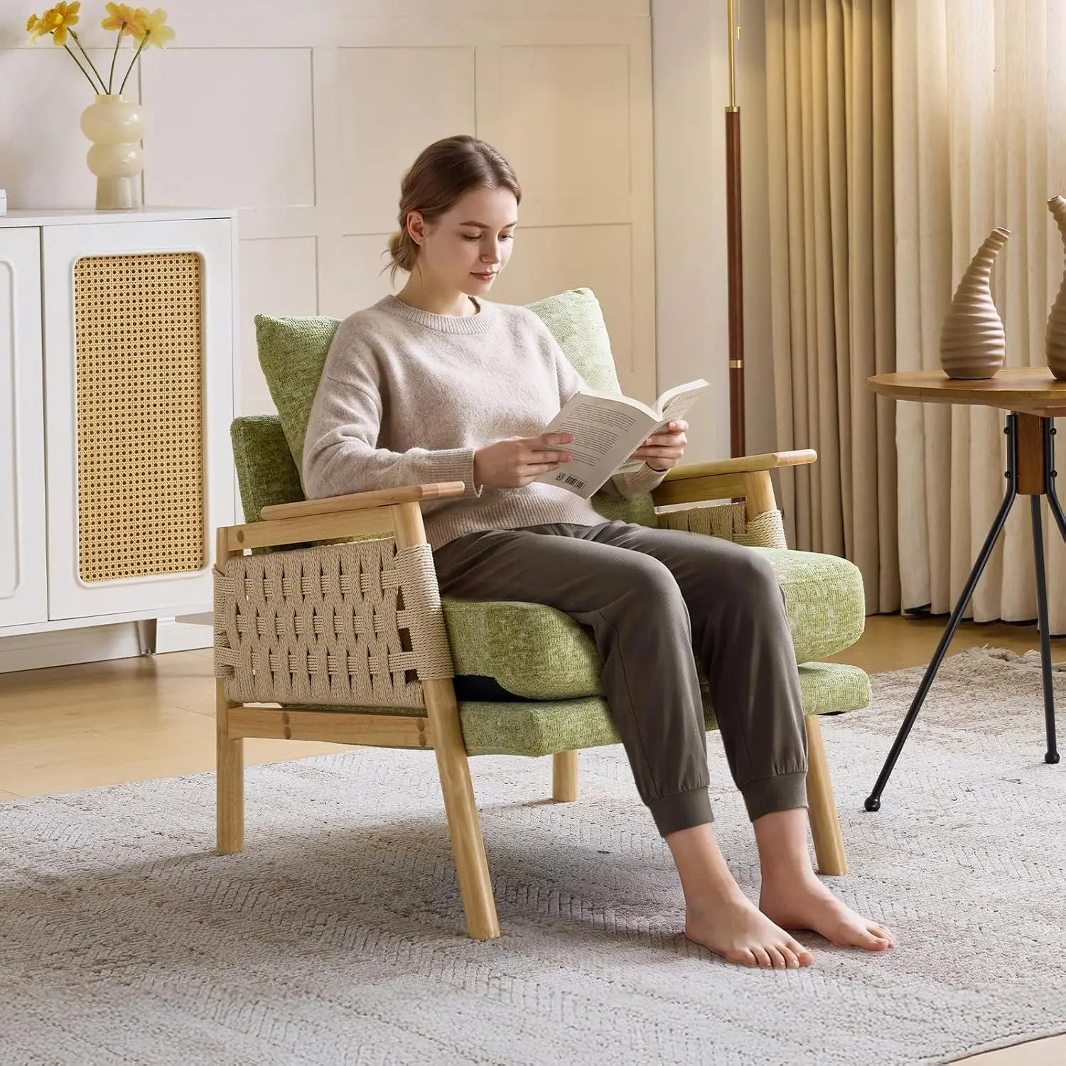 Karlhome Single Seat Boho Rattan Weave Accent Chair - Solid Wood 3.15in Wide Arms, Chenille Upholstery, Braided Rope Accents, Lumbar Support Pillow - Indoor Lounge Chair for Living Room, Bedroom