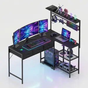 50.4" Reversible L Shaped Computer Desk with Power Outlets & LED Lights, Gaming Desk with 3 Fabric Drawers & Storage Shelves, Corner PC Table Workstation for Home Office & Small Spaces, Study Writing Desk, Black