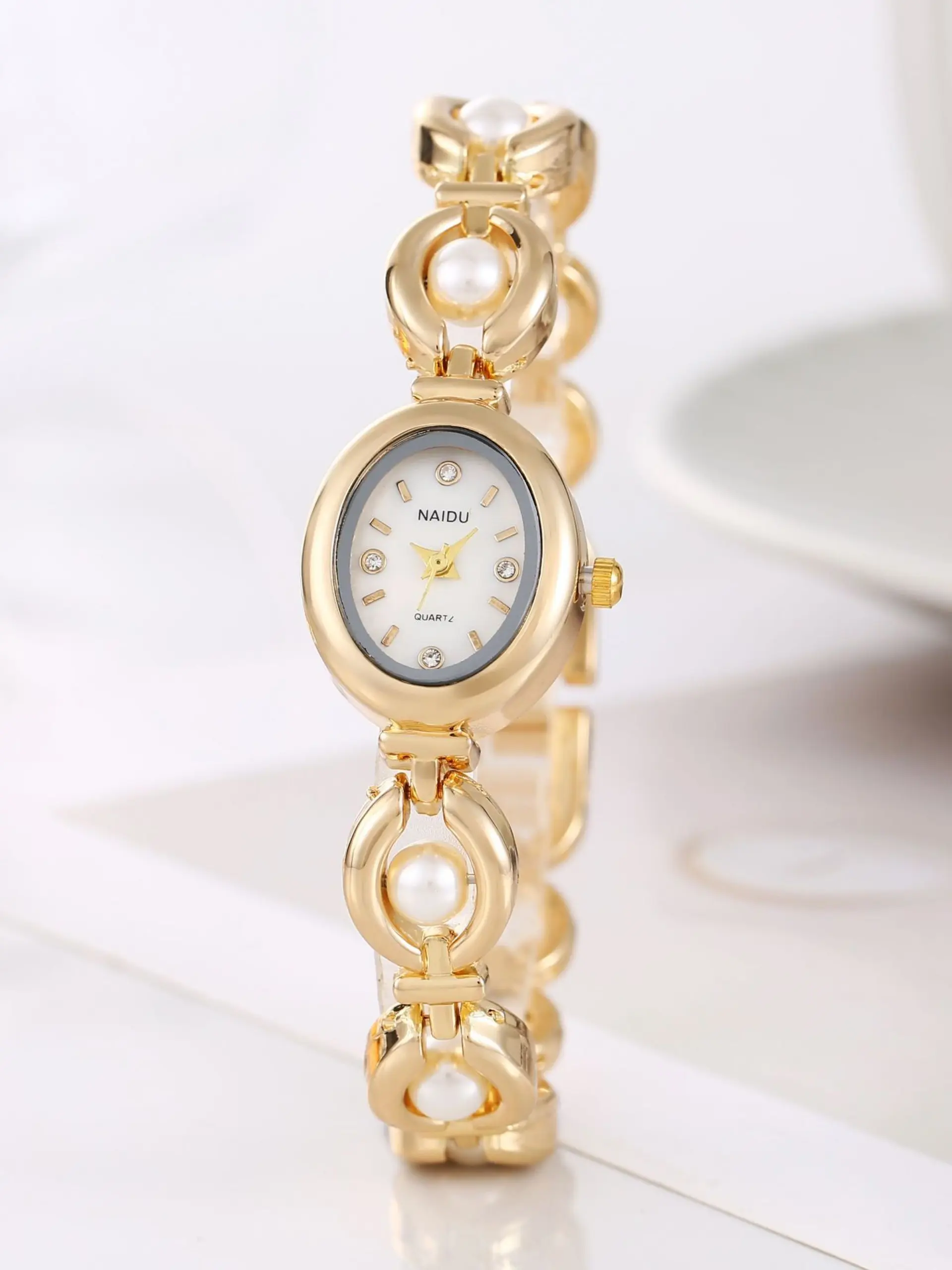 New Ladies' Oval Steel Band Watch, Vintage Luxurious Faux Pearl Quartz Watch, Elegant Women's Wristwatch, Fashionable Wristwatch, Fashion Accessory, Fashionable Watches