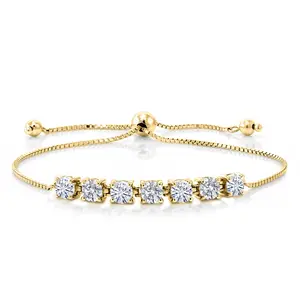 Gem Stone King 7-Stone Tennis Bracelet For Women | Gemstone Birthstone and White Lab Grown Diamond | 18K Yellow Gold Plated Silver | Round 4.5MM | Adjustable Bolo Bracelet For Women