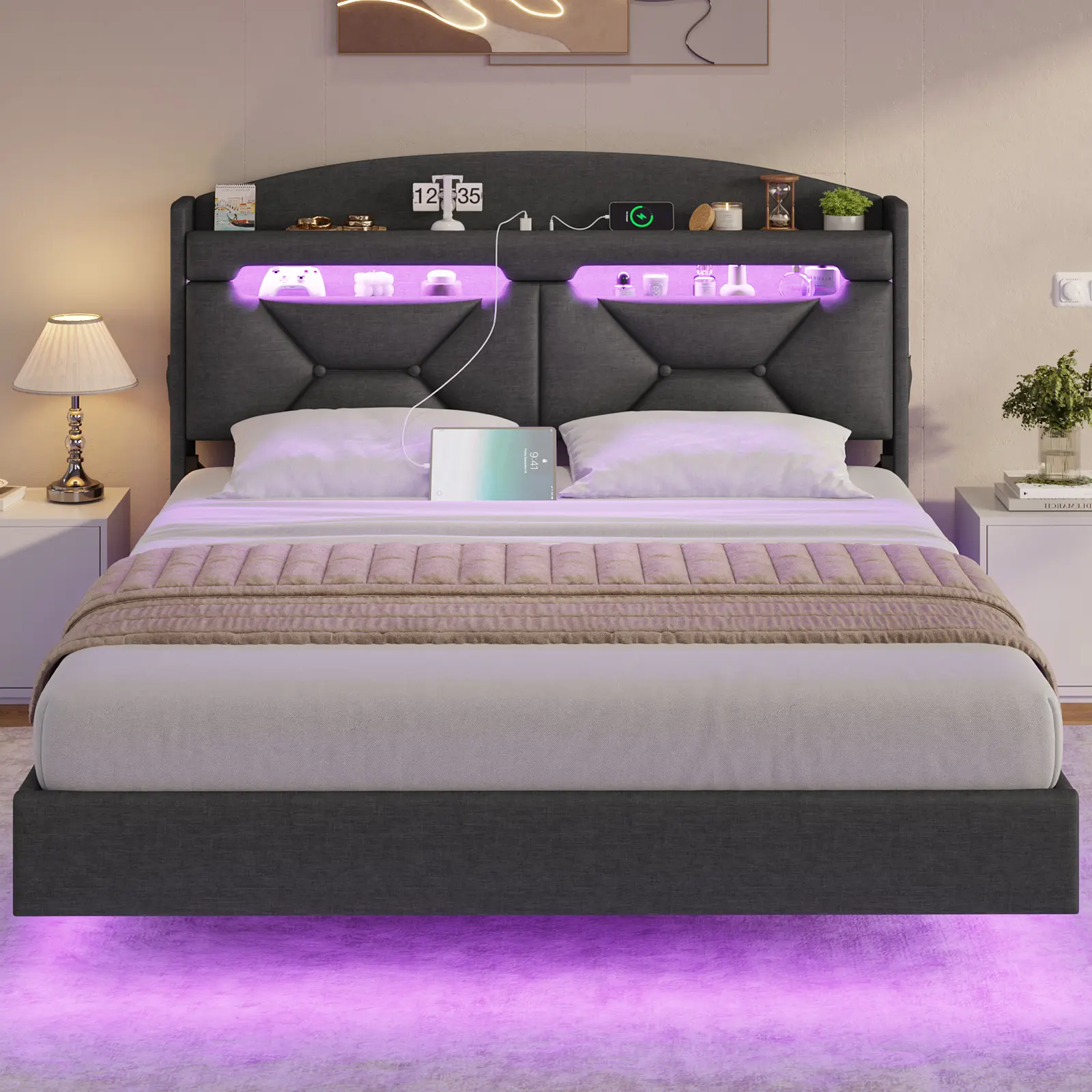 ADORNEVE Queen Bed Frame, Floating Upholstered Platform Bed Frame with Charging Station, LED Storage Headboard and Shelves, Bed Frames