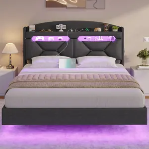 ADORNEVE Queen Bed Frame, Floating Upholstered Platform Bed Frame with Charging Station, LED Storage Headboard and Shelves, Bed Frames