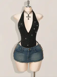 Women's Fashion Sexy Backless Deep V Rhinestone Bodycon Jumpsuit, Bodysuit, Glamorous Sparkle One-Piece Top for Night Out