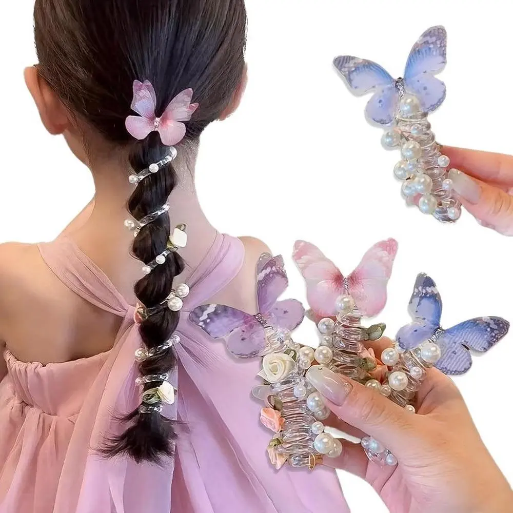 3 butterfly phone cord hair ties, suitable for girls, with cute Girly bead floral design, adorable hair band accessories, Hair Decor, for everyday and party wear, Elastic Hair Accessory, Hairstyle Accessory