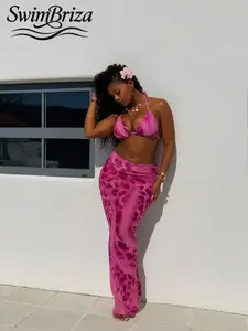 Briza｜Halter Triangle Bikini With Hot Pink Leopard Print Sarong Turns Bikini Sets Into Swimsuits 2 Piece Bathing Suit Looks, A Two-Piece Swimsuit For Vacation Swimwear For Women With Swimsuit Cover Up For Women, Swim Sets For Women