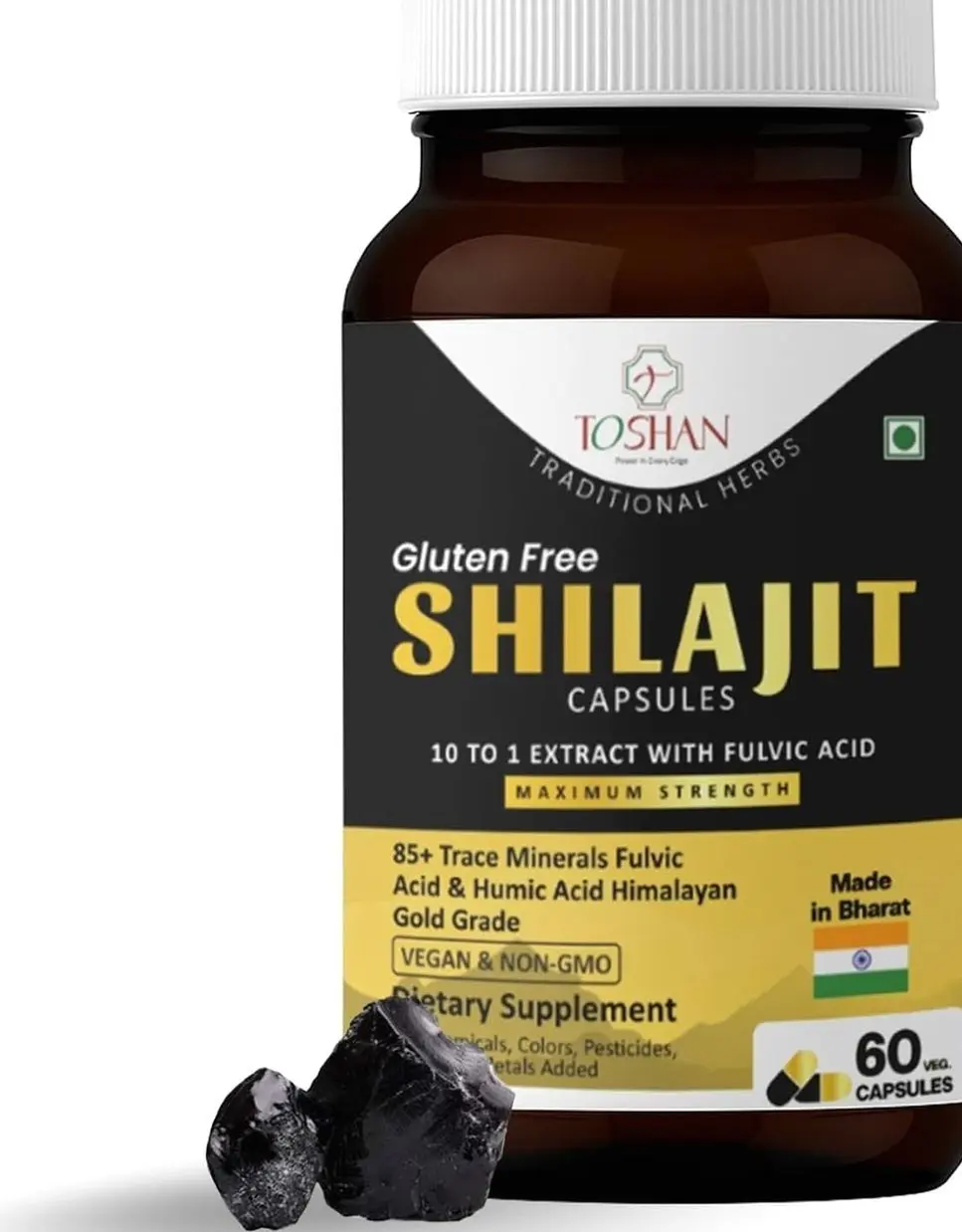 TOSHAN Himalayan Shilajit Capsules 500mg - 10:1 Shilajit Extract with Over 20% Fulvic Acid & Humic Acid - 85+ Trace Minerals for Natural Support - Maximum Strength, Vegan, Non-GMO - 60 Veg Capsules