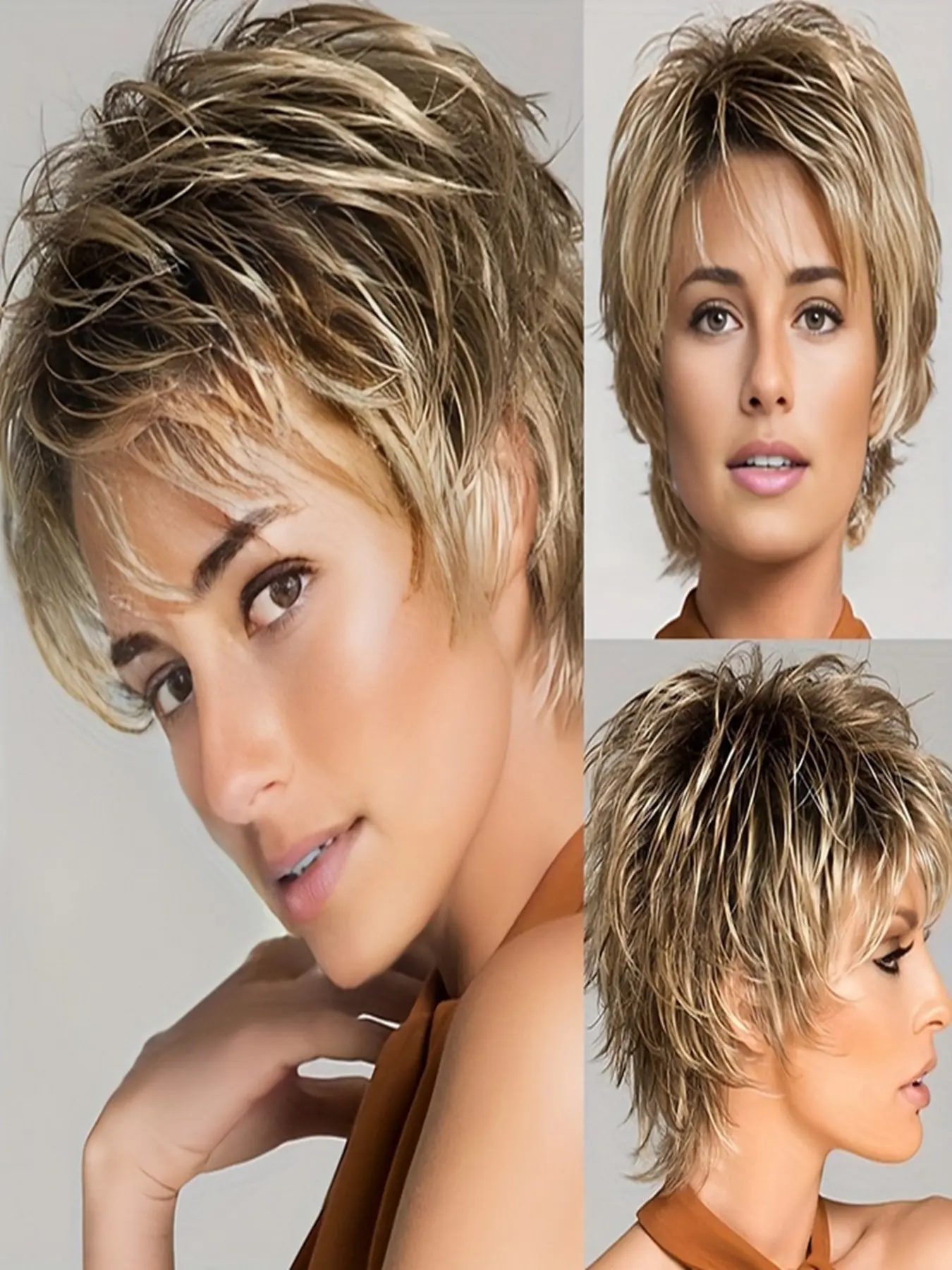 Short Mixed Blonde Wig for Women, Layered Natural Deep Fairy Wig with Highlights, Synthetic Hair Wig for All Seasons, Straight Synthetic Wigs