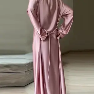 Muslim New Simple Loose Commute Maxi Dresses Spring Autumn New Solid Color Satin Dress Elegant O-neck Long Sleeve Lace Up Robes