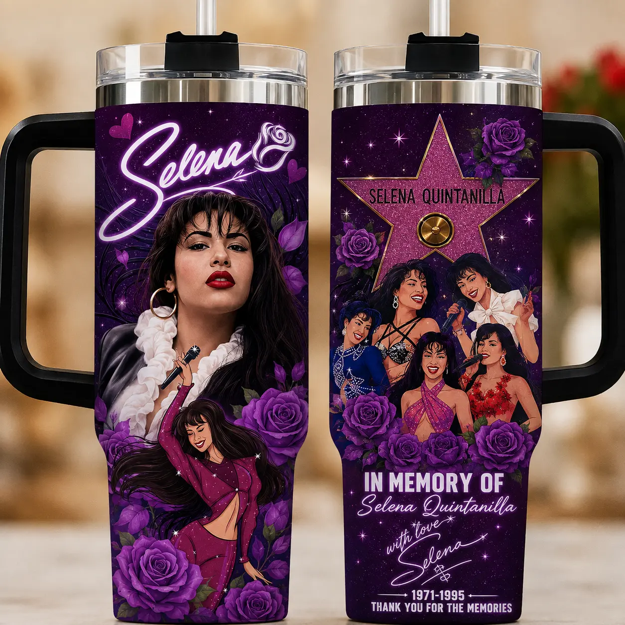 Selena Quintanilla 55th Anniversary Tumbler 30oz 40oz With Handle, Purple Rose Tejano Music Fan Cup With 1971 2026 Tribute Artwork, Latina Singer Travel Drinkware Gift, Not Including The Straw Water Bottles Bottles