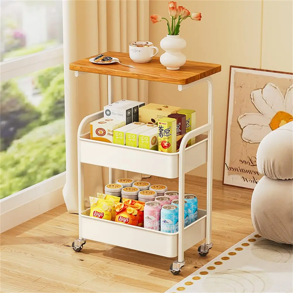 3-Tier Minimalist Farmhouse Rolling Utility Table Set - Metal Frame Storage Cart with Wooden Top, Lockable Wheels, Mesh Baskets, Space-Saving Organiser, Racks for Kitchen/Office, Multifunctional Storage Organization for Apartment Users