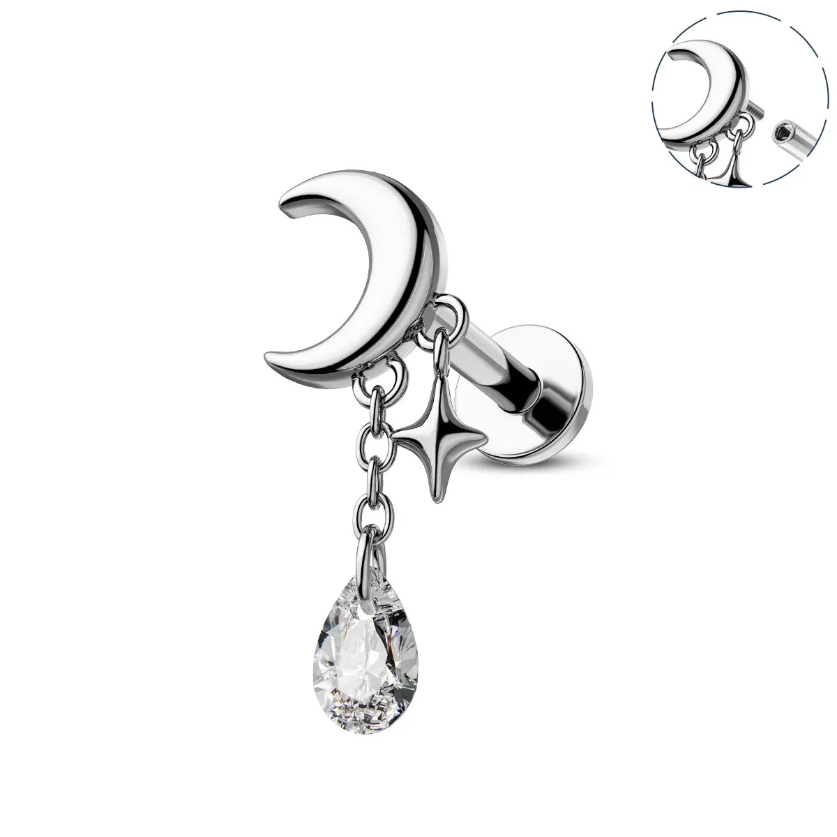 Oufer 16G Moon Dangle Internally Threaded Cartilage Stud Helix Earring