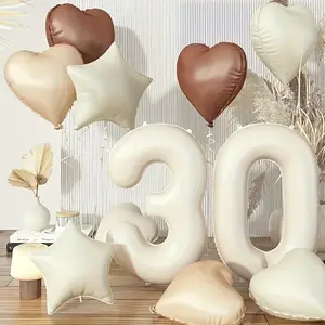 A set of 10 cream colored balloons in the shape of numbers and hearts, measuring 81.28 centimeters, perfect for celebrating 30th, 40th, 50th, and 60th birthdays, as well as wedding anniversaries.