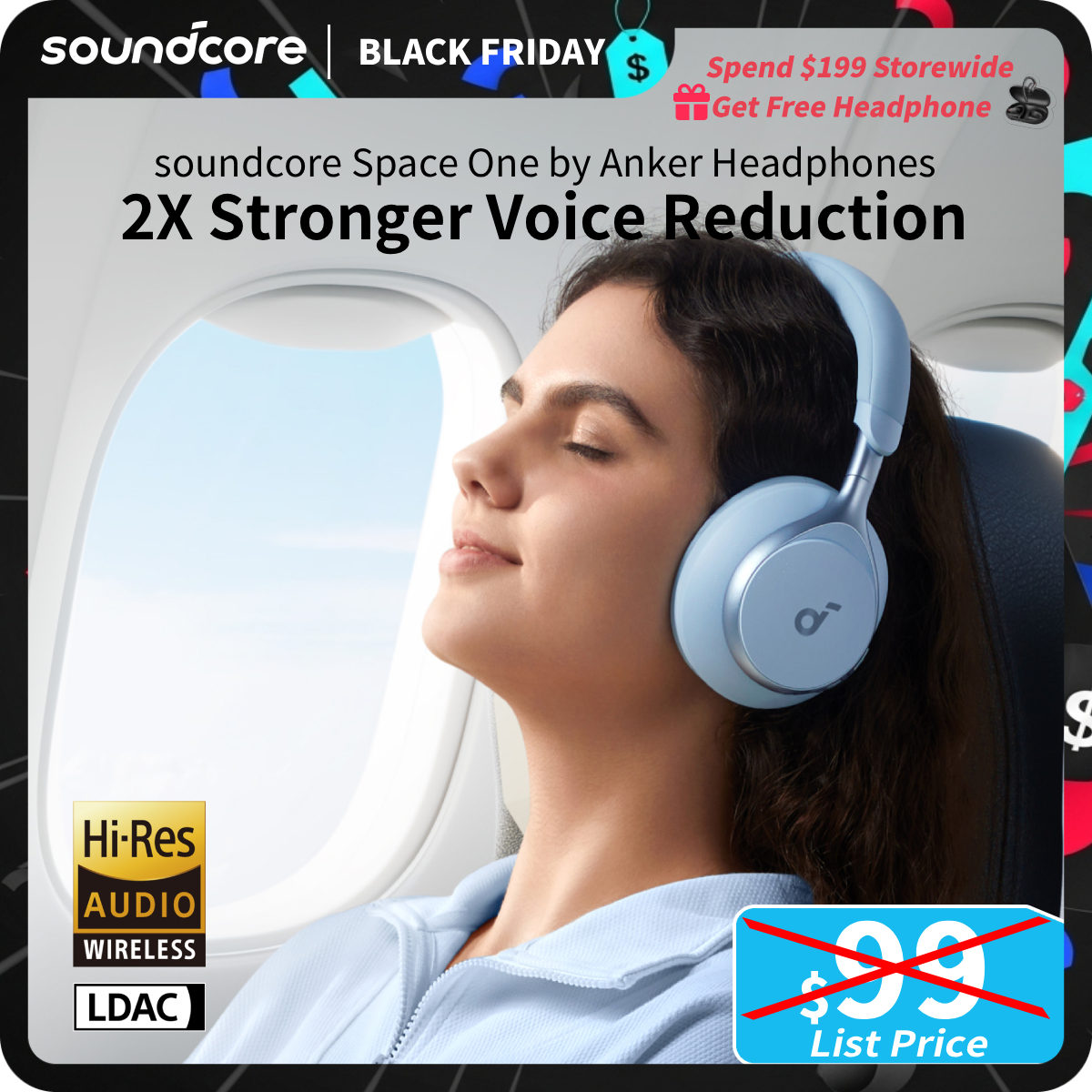 [TikTokShopBlackFriday] soundcore by Anker, Space One (Sky blue), Active Noise Cancelling Headphones, 2X Stronger Voice Reduction, 40H ANC Playtime, A