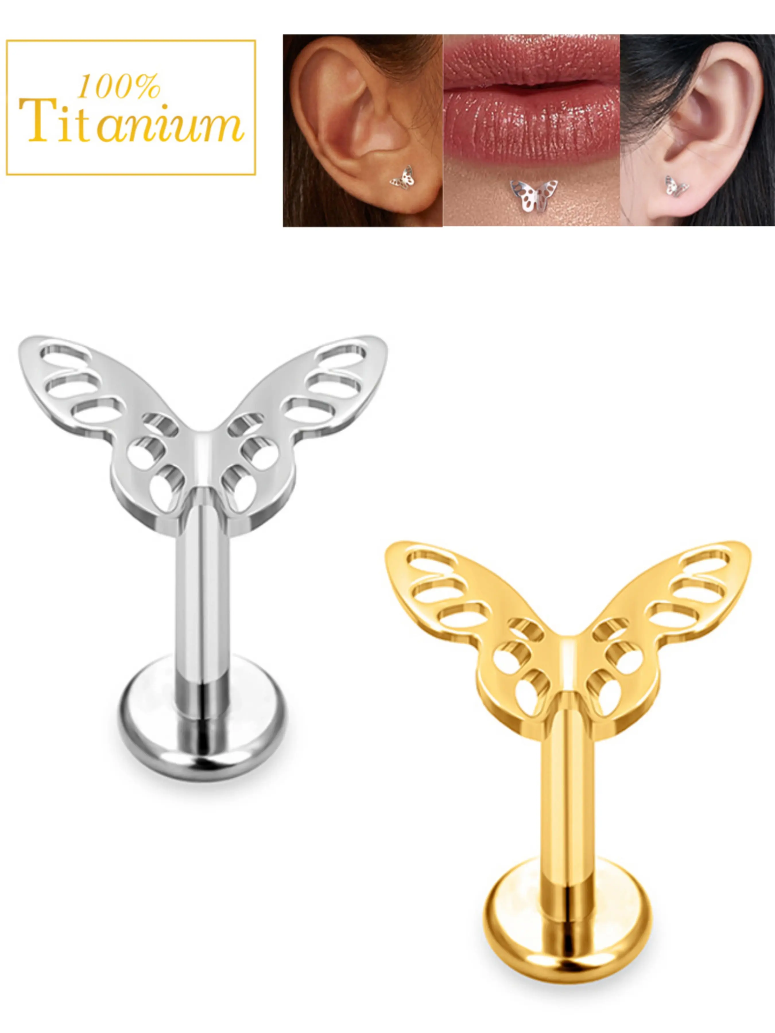 Astm F136 Titanium 16g Hollow Butterfly Tragus Stud Earrings, Cartilage Helix Lip Ring, Ear Lobe Labret, Punk Style, All Seasons