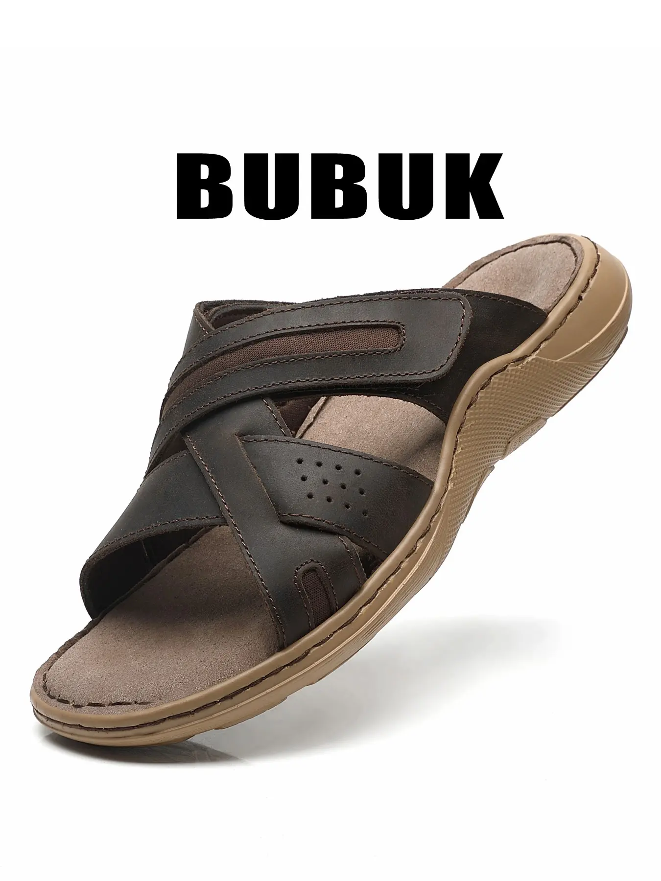 BUBUK Men's Genuine Leather Outdoor Casual Sandals, Fashion Open-Toe Flat Beach Shoes, Men's Hiking Water Shoes, Versatile Summer Footwear