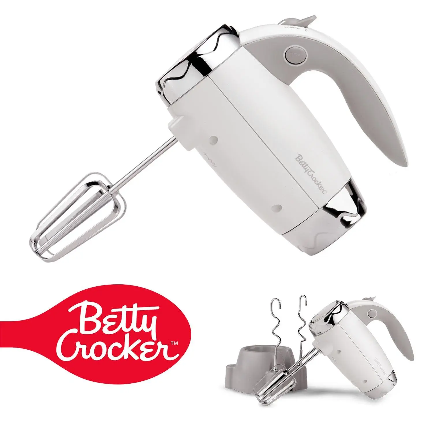 Betty Crocker 7-Speed Power-Up™ Hand Mixer with Stand, 300 Watt Electric Mixer with Beaters and Dough Hooks, Ergonomic Electric Hand Blender for Home & Kitchen with Stand, BC-4208W, White