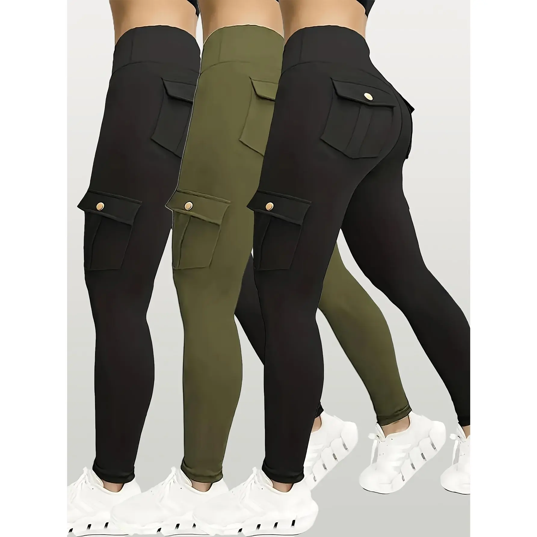 3-Pack Women's Yoga Leggings, Solid High-Waist Knit Fitness Clothes with Pockets, Skinny Contour Polyester Elastane Blend, Dance Appropriate Women's Sports Leggings, Gym Sportswear Bottoms, Polyester Blend, All-Season, Gym Workout Sportswear, Gym Tights C