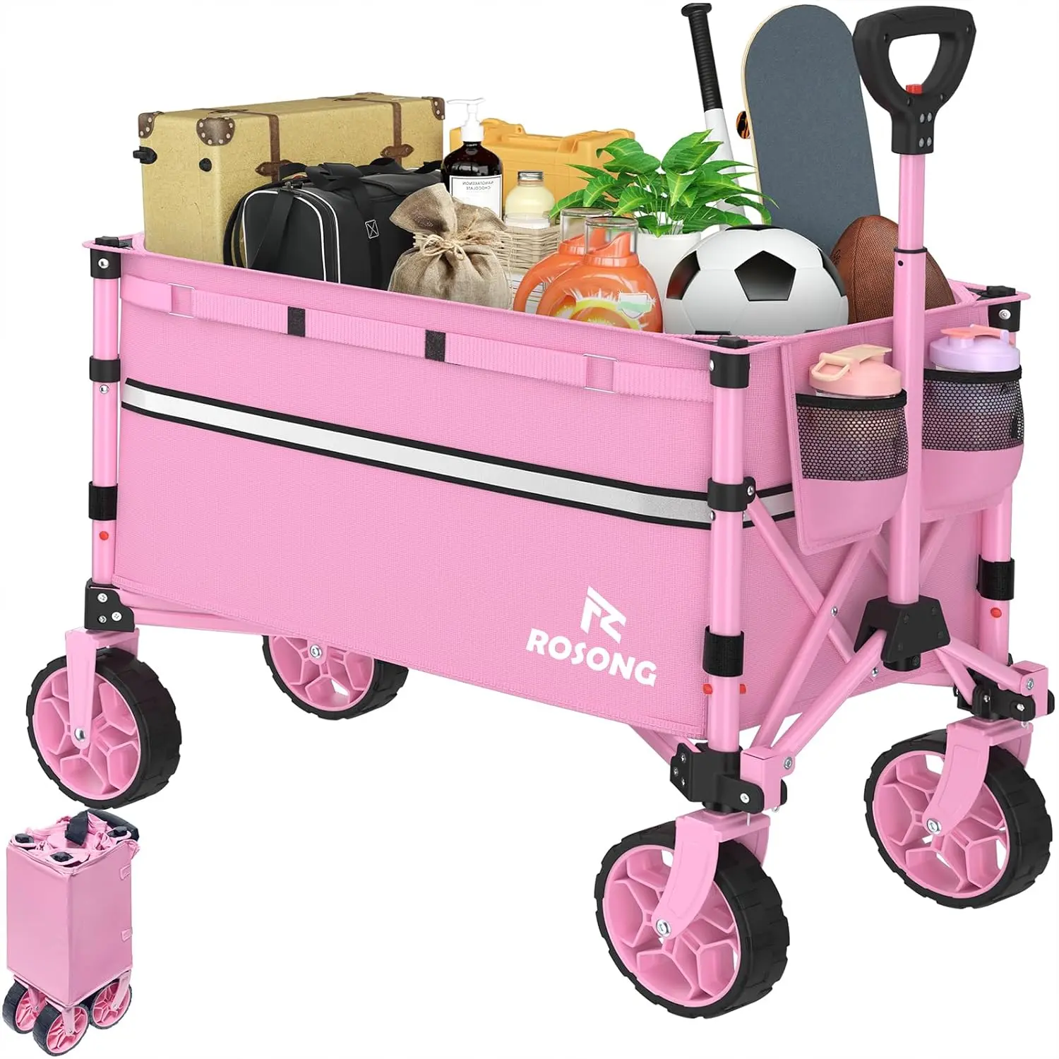 Heavy-Duty Portable Folding Trolley Wagon Cart with Wheels, 120L Blush Pink Utility Cart with Easy Fold-Up Design for Grocery, Camping Use, Manual