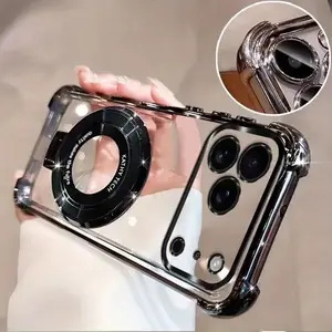 Premium Transparent Magnetic TPU Cover for 2-In-1 for iphone 17 Pro Max/16/15/14/13/12/11 with Ring Stand - Superior Plated Clear