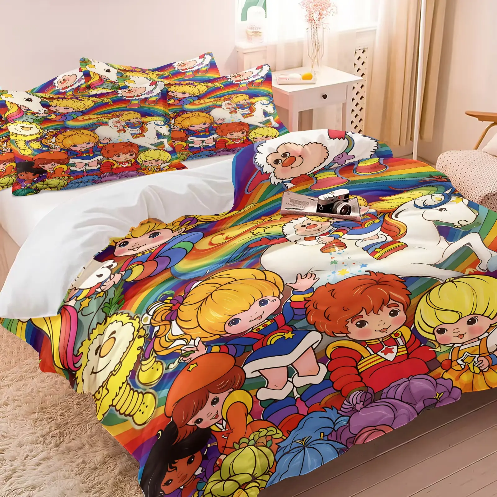 Vintage 80s Rainbow Brite Aesthetic Duvet Cover Set, Decorative Duvet Cover, 1 Duvet Cover + 1/2 Pillowcases, No Core, Cozy Breathable Skin-Friendly Colorful Cartoon Bedding, All Season Ideal for Nostalgic Fans & Kids Bedroom Decoration