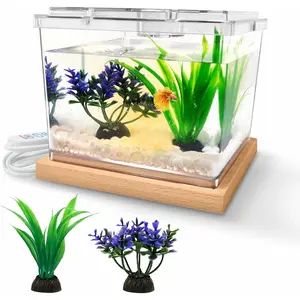 Mini Betta Fish Tank Kit with LED Light Base, Small Fish Bowl for Temporary Space, 0.2 Gallon Stackable Cube Tank with Artificial Plants for Small Fish, Insect, Shrimp, Crab, Spider (Kit-2)