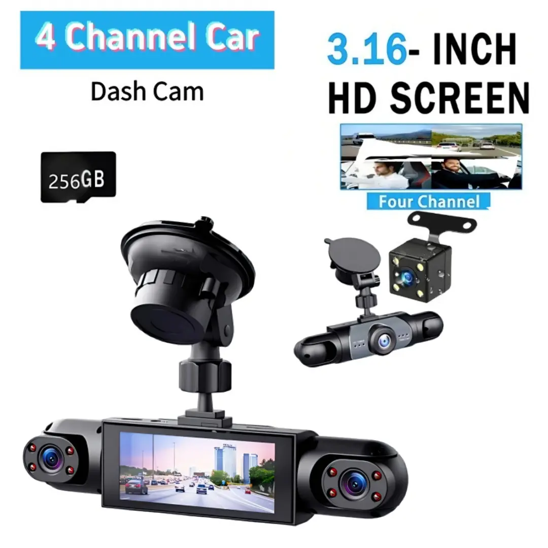 4-channel car dashboard camera, plug and play (no battery), 1080P car DVR with 256GB memory card, front, rear, left and right dashboard cameras.(Not wireless)   Requires charging to use
