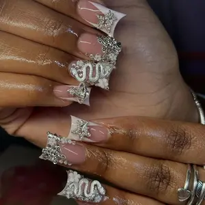 24pcs Luxury Duckbill Nails Nude French Full Diamond Floral Embellished Rhinestone Wearable Nail Art, Party Night Out, 3D Silver Snake Star Flower Decor