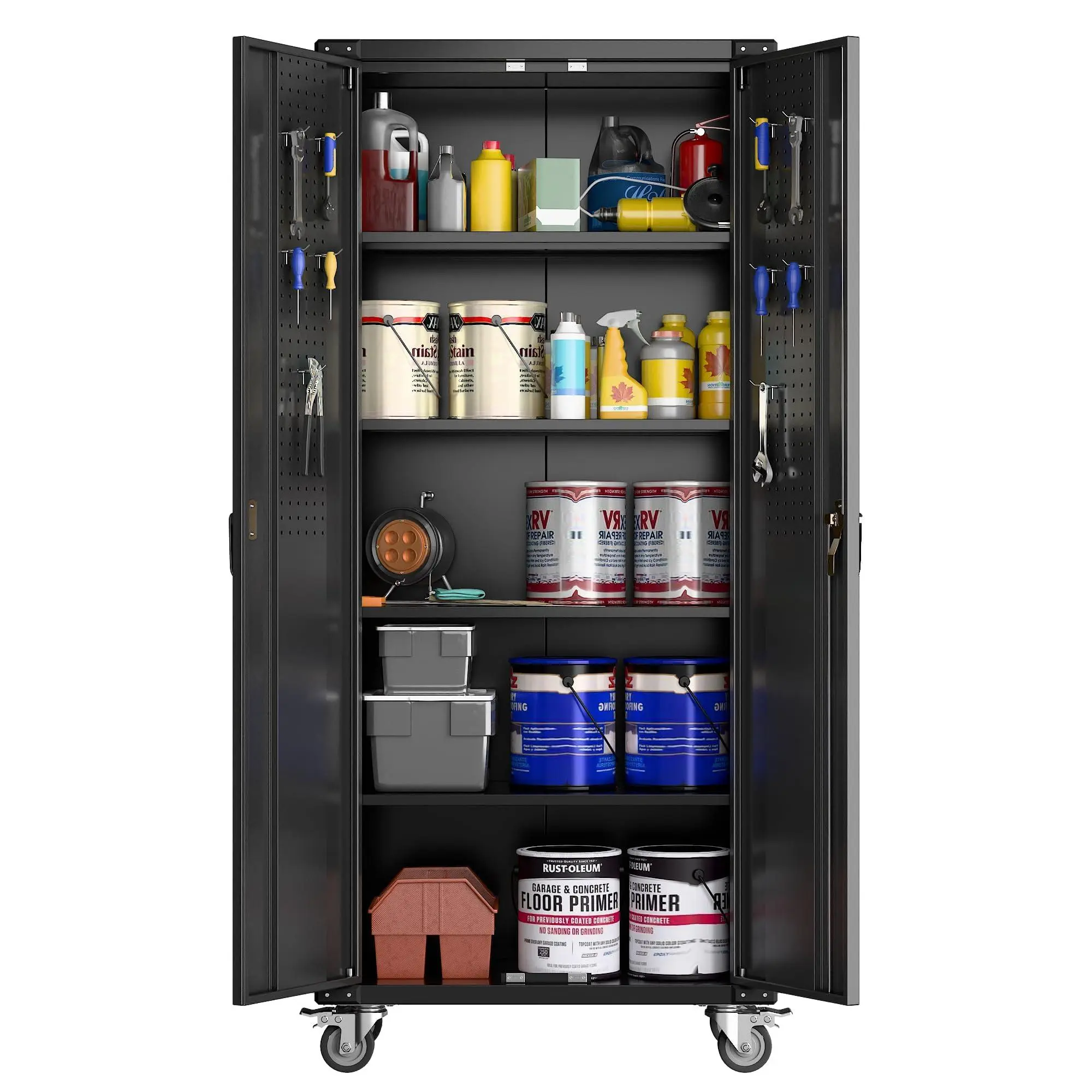 GARVEE 72" Locking Rolling Metal Storage Cabinet with Pegboard Doors & 4 Adjustable Shelves, Heavy Duty Mobile Steel Garage Organizer with Wheels for Workshop, Home, Office, Black