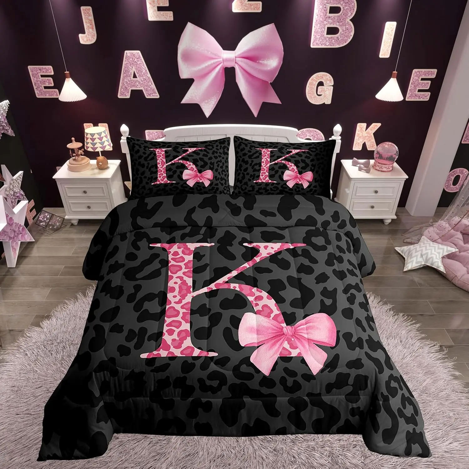 Initial Letter K Comforter Set Leopard Print Bedding Set Women Pink Bowknot Alphabet Duvet Quilt Cheetah Skin Bedroom Decor Microfiber 1