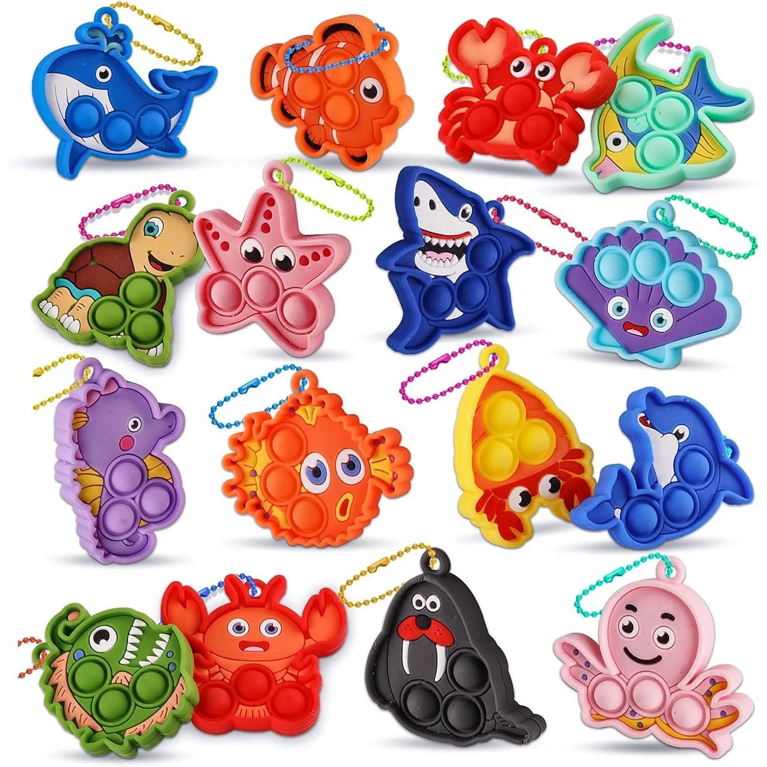 Silicone Sea Animal Keychains 16-Pack, Cute Nautical Pop Fidget Toy Multipack for Kids, Vibrant Everyday Carry for Birthday Party Favors, Casual